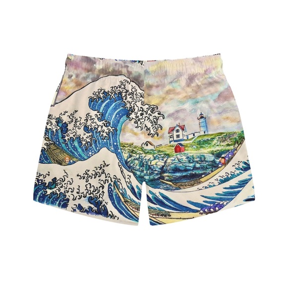 Great Wave Off Nubble Lighthouse Swim Trunks - Hokusai Inspired New England Art - Picture 4 of 13